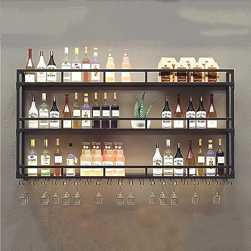 Wandmontierte Weinregal Mit Glashalter,Weinregal Palette Eisen Für Bar,Wand Flaschenhalter,Schwarz Metallflaschenhalter Multi Funktionaler Weinpareite Display Rack Für Esszimmer,Wohn-und Küchendekor (