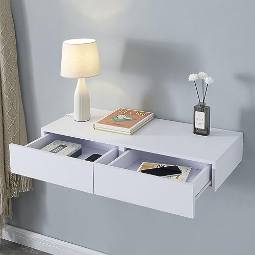 [en.casa] Mensola con 2 Cassetti Affiancati Consolle da Parete con Doppio Cassetto Mensola da Muro Comodino Sospeso 80 x 35 x 12 cm - Bianco