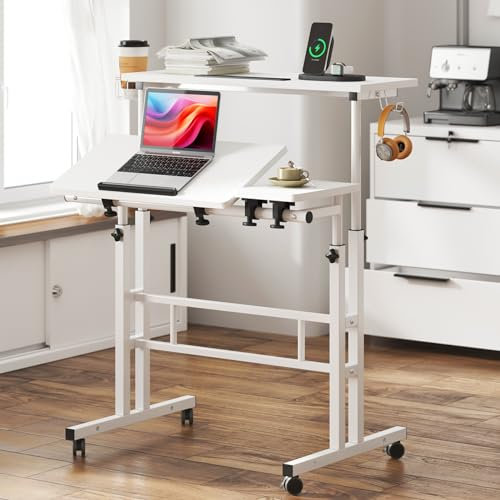 soges Mobiler Laptop-Schreibtisch, höhenverstellbar, stehend, neigbar, 80 cm (31,5 Zoll), Computer-Schreibtisch für Heimbüro, kleiner Rollschreibtisch für kleinen Raum, Weiß, 10CZZS101-2WT-N