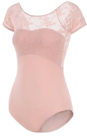 ModLatBal Kurzärmeliger Gymnastikanzug für Damen, Ballett, Tanz, Gymnastik, Pink/Spitze, L