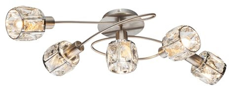 Ausgefallene Deckenleuchte mit fünf Kristall Glasschirmen Silber matt, Breite 61,5cm
