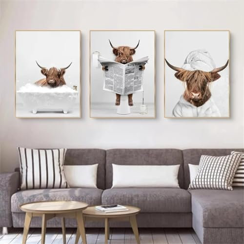 Lustige Hochland Kuh Wandkunst in Badewanne,Hochland Kuh Badewanne Leinwand Malerei Poster,Tier Wand Kunst Drucke - Ohne Rahmen (Bild-02,30x40cm*3Pcs)