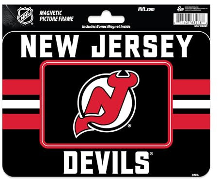 Rico Industries NHL Magnetischer Bilderrahmen mit Hockey-Motiv aus New Jersey Devils Stripes (12,7 x 17,1 cm) und Magnet-Kombi-Set – Heimdekoration – Regrigerator, Büro, Küche