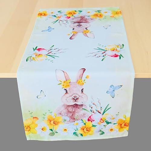 KAMACA Tischläufer Frühling Ostern Blumen Hasen Dekor Osterhasen Ostereier Bunt Waschbar Küche Esstisch Tisch Dekoration (40x140cm Hasen und Osterglocken)