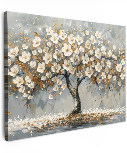 MuchoWow© Leinwand Bilder 40x30 cm Wanddeko Wohnzimmer Aesthetic Room Decor Deko Zimmer Wandbilder Modern Bild auf Leinwand Baum - Blumen - Weiß - Natur - Kunst