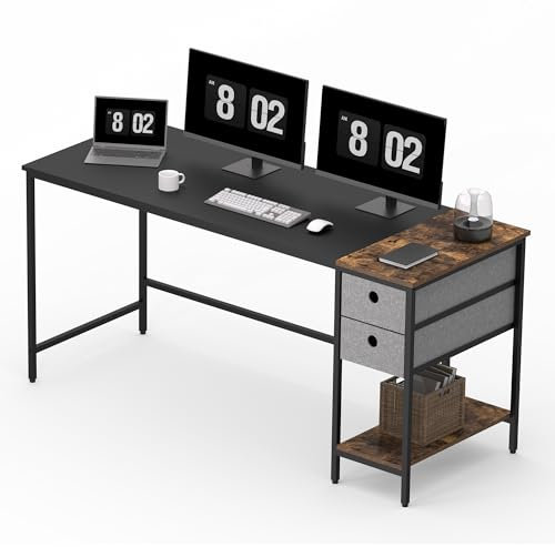 FitStand 160 x 60 x 75 cm Computer Home Office Desk with 2 tier storage shelves, Fixed Desk, Modern Simple PC Desk With (Vintage oak and black)