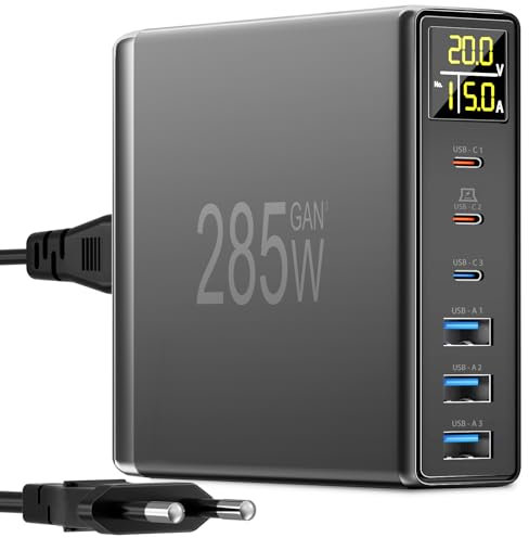285W Caricatore USB C Multiplo, YSYFAD 6 Porte Stazione di Ricarica con Schermo LED Fast Caricabatterie GAN Caricatore USB C 100W per Macbook Laptop Presa Multipla USBA per i Phone Pad Samsung, Nero