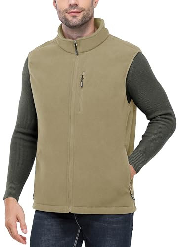 Outdoor Ventures Men's Full-Zip Lightweight Fleece Gilet Body Warmer Warm Windproof Vest Outerwear with 5 Pockets Sleeveless Jacket Casual Breathable Running Vest for Hiking Light Brown M