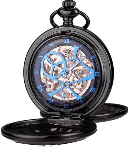 ManChDa Taschenuhr - Taschenuhr mit Kette Mechanisch Doppelte Abdeckung Taschenuhren Steampunk Skelett Antike römische Ziffern Handaufzug Fob Uhr für Herren + Geschenk Box | Schwarz Blau