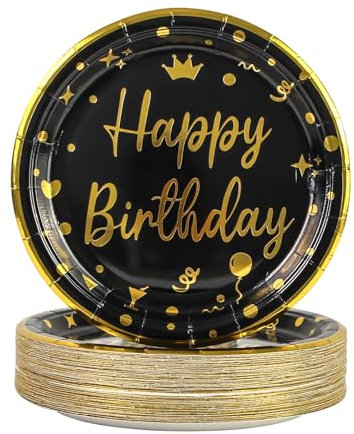 50 Pezzi Piatti Carta Compleanno Oro Nero, 18cm Piatti Usa e Getta Stoviglie per Feste di Compleanno Piatti Compostabili per Feste Matrimoni Compleanni Picnic Baby Shower (Compleanno Nero, 18CM)