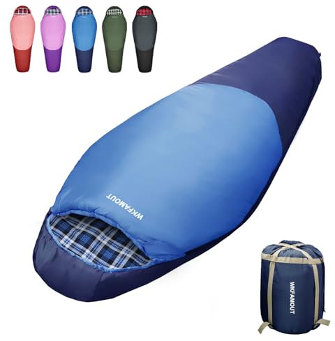 WKFAMOUT Mumienschlafsack Outdoor -12℃-0℃ [500GSM] Schlafsack Flanell 3-4 Jahreszeiten Tragbar Winter Maschinenwaschbarer Schlafsäcke für Erwachsene Kinder Camping Reisen 200x80CM Blau
