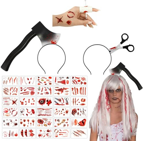 Halloween Horror Haarreif Set- 3 Stück Zombie Stirnbänder 30 PCS Scars Tattoo Sah Blutende Axt Spritze Schere Messer Blutige Haarreif Halloween Lustiges Kostüm Kopf Zubehör für Cosplay Masquerade Deko