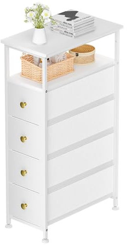 Lvhcmfohm Stoffkommode mit 4 Schubladen, Kommode Schmal aus Stoff, Schubladenkommode, Chest of Drawers (Weiß, 25.4x48.8x88cm)