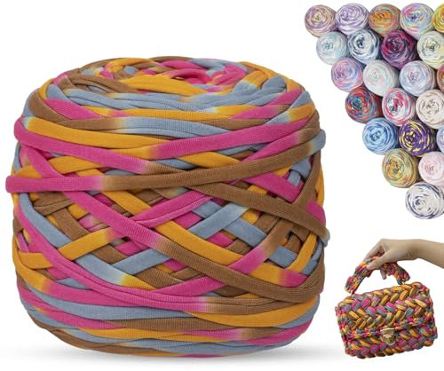 LEREATI 285g Tshirt Garn zum Häkeln, 100m Farbiges Textilgarn zum Häkeln, Bändchengarn, Dickes T-Shirt Garn für Körbe, Taschen, Heimdekoration, DIY (Rosa & Braun)