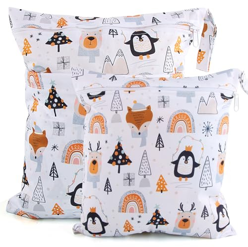 Darryy 2 Pcs Bolsa de Pañales Impermeable para Guarderia, Ropa Humeda Bebe, Ropa Mojada, Muda Bebe con Cremallera - Wet Bag (Pingüino)