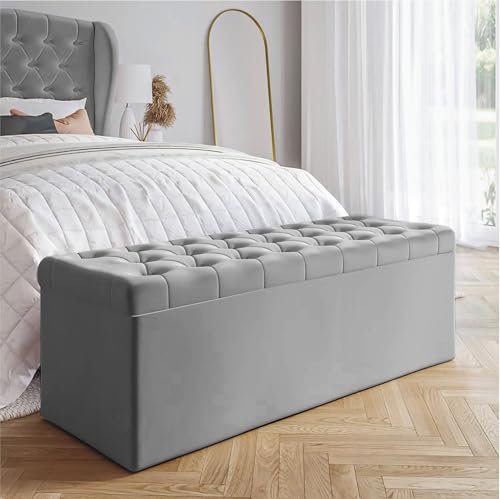 AZ Interiors Royal Velvet Ottoman Storage Bench, Plush Grey Velvet Chesterfield, End of Bed & Entryway (90cm Wide)