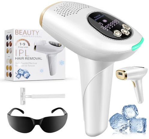 Laser Haarentfernung 3 Funktionen HR/SC/RA und 9 Energiestufen Schmerzlos Haarentfernung, Handgehaltenes Haarentfernungsgerät für Körper, Gesicht, Beine