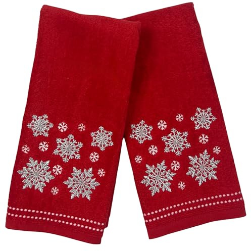 Serafina Home Christmas Bathroom Hand Towels- Set of 2 Red Embroidered White Snowflakes Design-16 x 25 Bath & Kitchen Decor