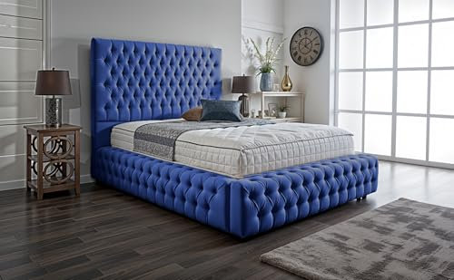 Living Comfort Bedz – Ambassador Chesterfield Bed - Plush Velvet Headboard & Footboard - Gas Lift Storage & Solid Black Board Base Option (Blue, Small Double - No Storage With Black Board Base)