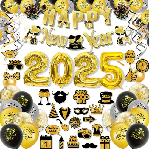Silvester Deko 2025, Happy New Year Dekoration Set, FROHES NEUES,Neujahr Silvesterdeko mit Girlande, Folienballons,Fotorequisiten Neujahrsdeko Silvesterpartydeko Accessoire für Party Silvesterparty