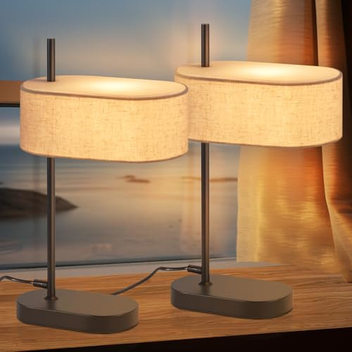 CBJKTX Nachttischlampe Schlafzimmer Tischlampe Vintage - 2er Set E14 Schwarz Tischleuchte Stoff Nachttischleuchte mit Kabel Schreibtischlampe Rustikal Bettlampe Retro für Wohnzimmer(ohne Leuchtmittel)
