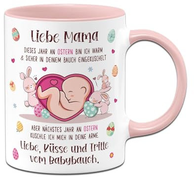 Geschenke für schwangere - Tasse Liebe Mama dieses Ostern bin ich noch in deinem Bauch - Geschenk für werdende Mutter zu Ostern, Ostergeschenk - Schwangerschaft verkünden (Rosa)