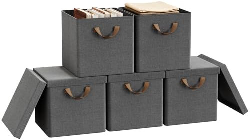 WOLTU Faltbare Aufbewahrungsboxen 5 Stück, Stoffboxen mit Deckel und Metallrahmen, Aufbewahrungswürfel für Wohnzimmer, Schlafzimmer, Arbeitszimmer, Mehrzweck, Grau, 30x30x29cm