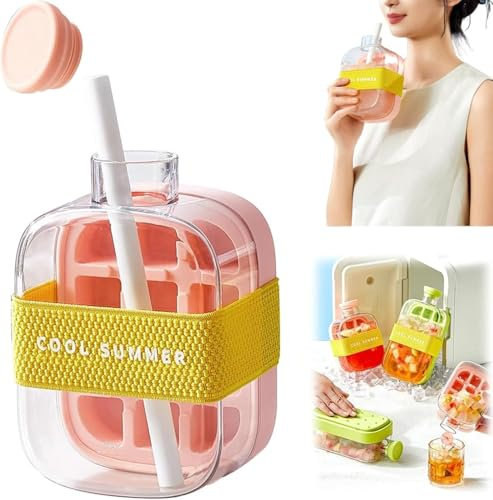 2 in 1 Ice Cube Water Bottle with Straw | Portable Press-to-Release Ice Tray for Home, Office & Outdoor | Leakproof BPA-Free Reusable Ice Maker for Drinks, Picnics (Pink, 500ml)