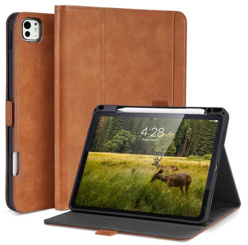 AsileCuir Funda para iPad Pro 13 Pulgadas M4 2024 A2925 A2926 A3007 con Portalapiz Bolsillo,Cierre Magnético,Soporte Multiángulo,Carcasa Cuero PU,Auto Sueño/Estela,Marrón