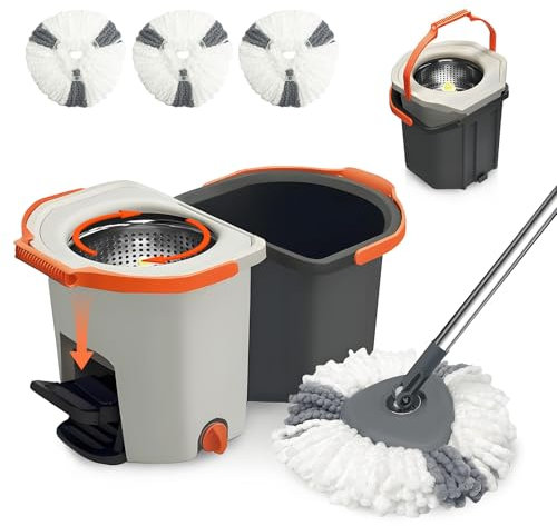 Wischmopp Set mit Eimer, Bodenwischer Komplett Set mit verstellbarem Edelstahlstiel & Fußpedal, faltbarem Putzeimer mit Auswringfunktion 3 Mikrofaser-Pads freihändiges Auswringen für Laminat(Hellgrau)