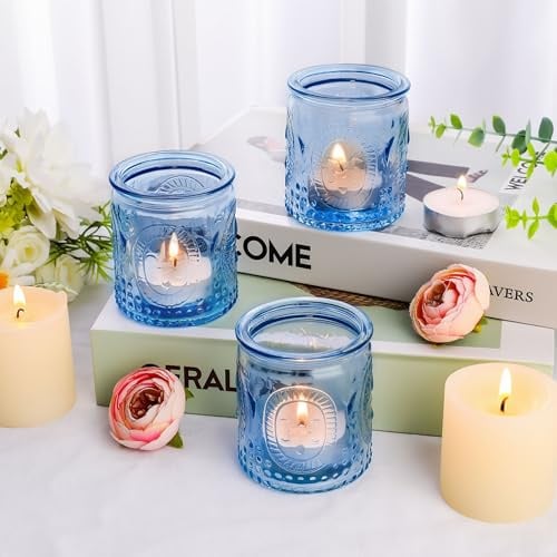 6PCS Glass Tea Light Candle Holders,Vintage Candle Jar, Coloured Tealight Holders, Votive Candle Stand for Indoor, Outdoor, Garden, Dinner, Church, Weddings, Home Décor, Gifts (Light Blue)