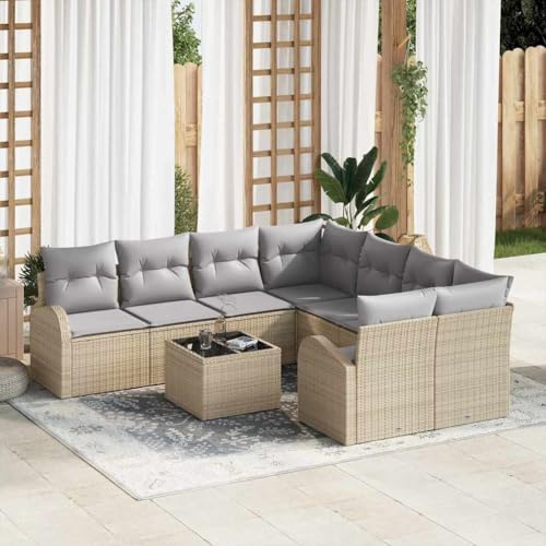 QJBSAVVA Gartensofa 9-Teilig Poly-Rattan Lounge Set Beige 55x55x37 cm Modernes Outdoor Sofa mit Tisch, Robustes Gartenmöbel für Terrasse, Balkon und Garten, Gartenlounge mit Ecksofas & Armchairs