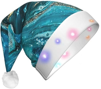 FBGHHTY Weihnachtsmütze für Erwachsene, Türkis, Blau, Gold, Marmor-Druck, LED-Weihnachtsmütze, Partyzubehör und Dekorationen