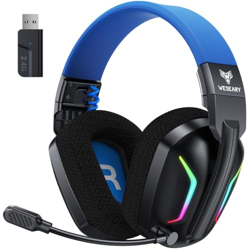 WESEARY Gaming Headset Wireless mit Mikrofon für PS5 PS4 PC Switch Handy | 2,4 GHz & Bluetooth, 50H Akku, LED-Licht, faltbar, Surround Sound, niedrige Latenz, Noise-Cancelling-Mikrofon