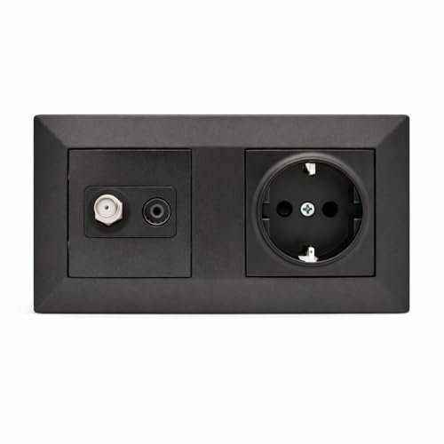 Jandei - Enchufe Schuko 2P+T 16A y Enchufe SAT TV + TV socket, Decoración Elegante Pared Interior, Fácil de Instalar, Incluye Marco y Mecanismo, Policarbonato Color Negro