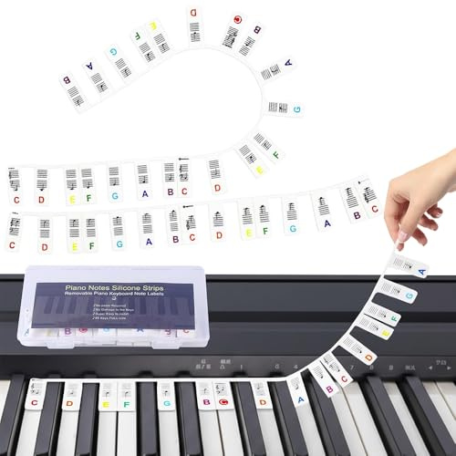 Piano Keyboard Stickers, Reusable Piano Notes Overlay | 61-Key Full Size, Removable Keyboard Strip with Box Silicone Notes Guide Labels for Beginner Pianist Learning