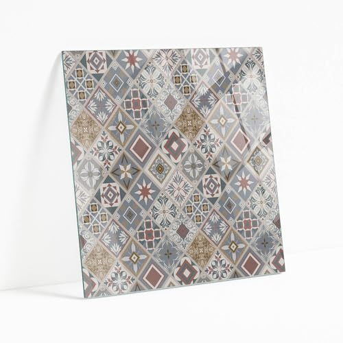 Piano per Tavolo Quadrato 60x60 cm | Base In Vetro Temperato | Lastra di Protezione | Installazione Semplice | Con Cuscinetti Antiscivolo | Per Pranzo, Cucina | Decorativo - Mosaico con Ornamenti