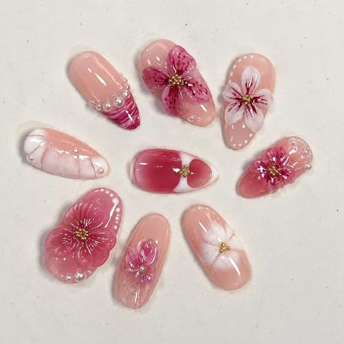 Tastetreasure 30 Stück Press on Nails Mandelform Künstliche Fingernägel mit 3D Blumen & Perlen, Rosa Fake Nails Acryl, Stick on Gel Nails Set mit Klebepads & Feile für Damen