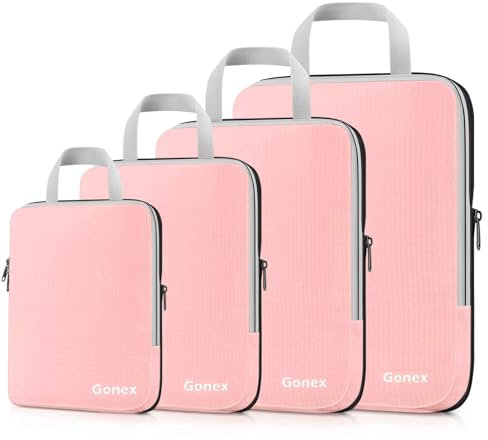 Compression Packing Cubes 3/4er Set, Gonex Kleidertaschen 4-teilig Verpackungswürfel, Kleidertaschen Set, Kofferorganizer Reise Würfel, Rosa(4er), L