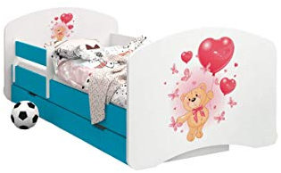 Happy Babies - Doppelseitiges KINDERBETT MIT SCHUBLADE Modernes Design mit sicheren Kanten und Absturzsicherung Schaumstoffmatratze 7 cm Blau (Bär mit Luftballons, 190x90)