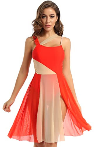 Agoky Damen Ballettkleid Lange Tanzkleid mit Mesh Rock Ärmellos Ballett Trikot Body Turnanzug Leotard Kleid für lyrischen Modern Tanz Dancewear Orange XS