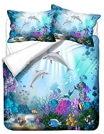 HNHDDZ Kind Junge Mädchen Bettbezug Delfin Blau Bettwäsche-Set 3D Ozean Tier Wunderbare Unterwasser-Kreaturen Bettbezug Kissenbezug Polyester (Stil 3, Bettbezug 135x200 cm + 1 Kissenbezug 80x80 cm)