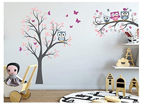 Wandtattoo kinder Babyzimmer Aufkleber Eule Eulen Wandsticker Wand Waldtiere Kinderzimmer Wandaufkleber Dekoration fürs Baby Kindergarten Baum Tiere Grau MK212XL