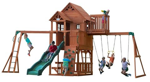 Backyard Discovery Spielturm Skyfort II aus Holz | XXL Spielhaus für Kinder mit Rutsche, Schaukel, Trapezstange, Kletterwand und Aussichtsturm | Stelzenhaus für den Garten