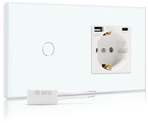 BSEED Interruptor regulador de luz con enchufe USB,1 Gang 2 Vías LED Dimmer Switch con pantalla táctil Blanco,16A 250V Enchufe de pared con 1 Puerto Tipo C y 1 Puertos USB(Adaptador Led requerido)