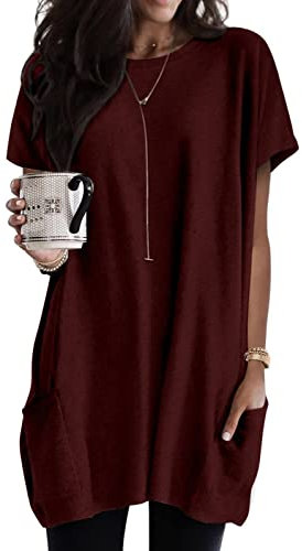 Minetom T-Shirt Damen Sommer Rundhals Kurzarm T Shirt Locker Lang Tshirt Oberteil Longshirt Lose Tshirts mit Tasche Oversized Tee Tops A Weinrot XXL