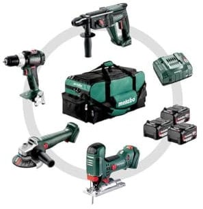 Metabo Combo Set 4.3 Akku-Maschinen im Set 18V (Maschinenset in Tasche: Schlagbohrschrauber Winkelschleifer Kombihammer Stichsäge, 3 Akkus, Ladegerät) # 685214000