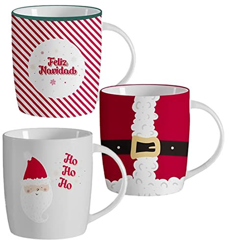 TIENDA EURASIA - Pack de 3 Tazas para Navidad, Juego de 3 Tazas Originales para Regalar, Tazas Navideñas de 350 ml, Pack de 3 Tazas Desayunos con Diseños Diferente cada Taza