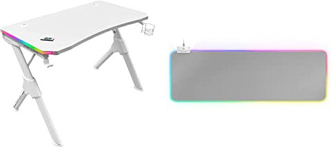 Mars Gaming MGDRGBW, Mesa Gaming RGB, Soporte Cascos + Botella, 110x60cm, Blanco & Mars Gaming MMPRGB2S XXL, Alfombrilla Ratón RGB 12 Modos, 2 USB 2.0, Blanco Plata