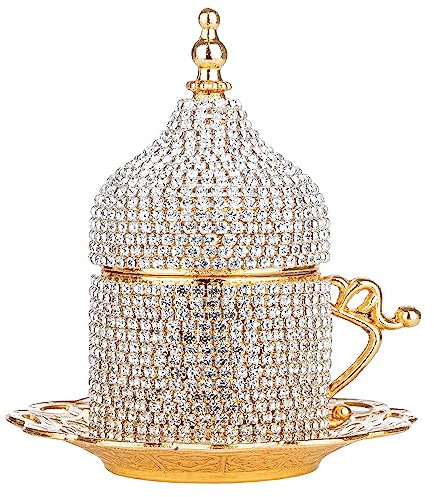 Alisveristime (1 Stück Türkisch Griechisch Arabisch Kaffee Espresso Tasse Untertasse (Kristalldesign) (Crystal Gold Lale)